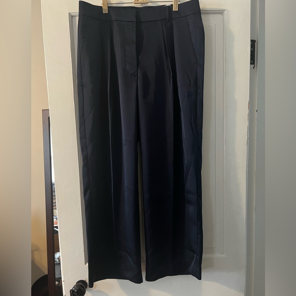 Banana Republic Dark Blue Pleated Wide Leg Satin Trouser Pants